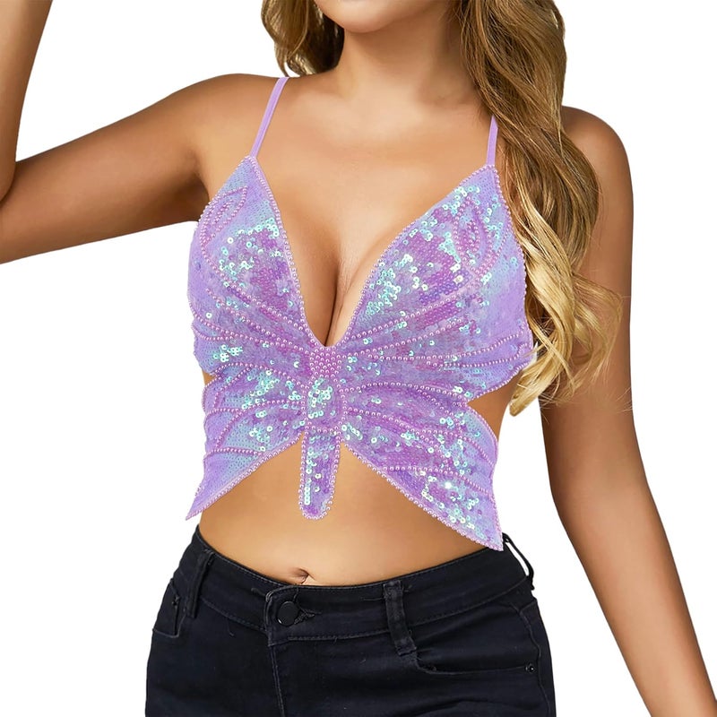 Mocure Womens Glitter Sequin Butterfly Crop Top Low-Cut Tank Top Rave Tube Vest Top for Belly Dance Costume Outfits - Image 3